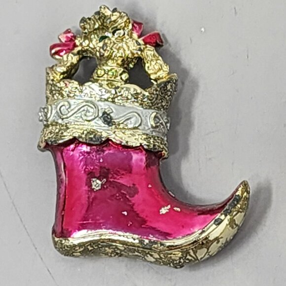 Vintage Christmas Brooch Pin Snowman & Boot Holiday Jewelry Red Green‎ Gold Tone - Picture 2 of 6